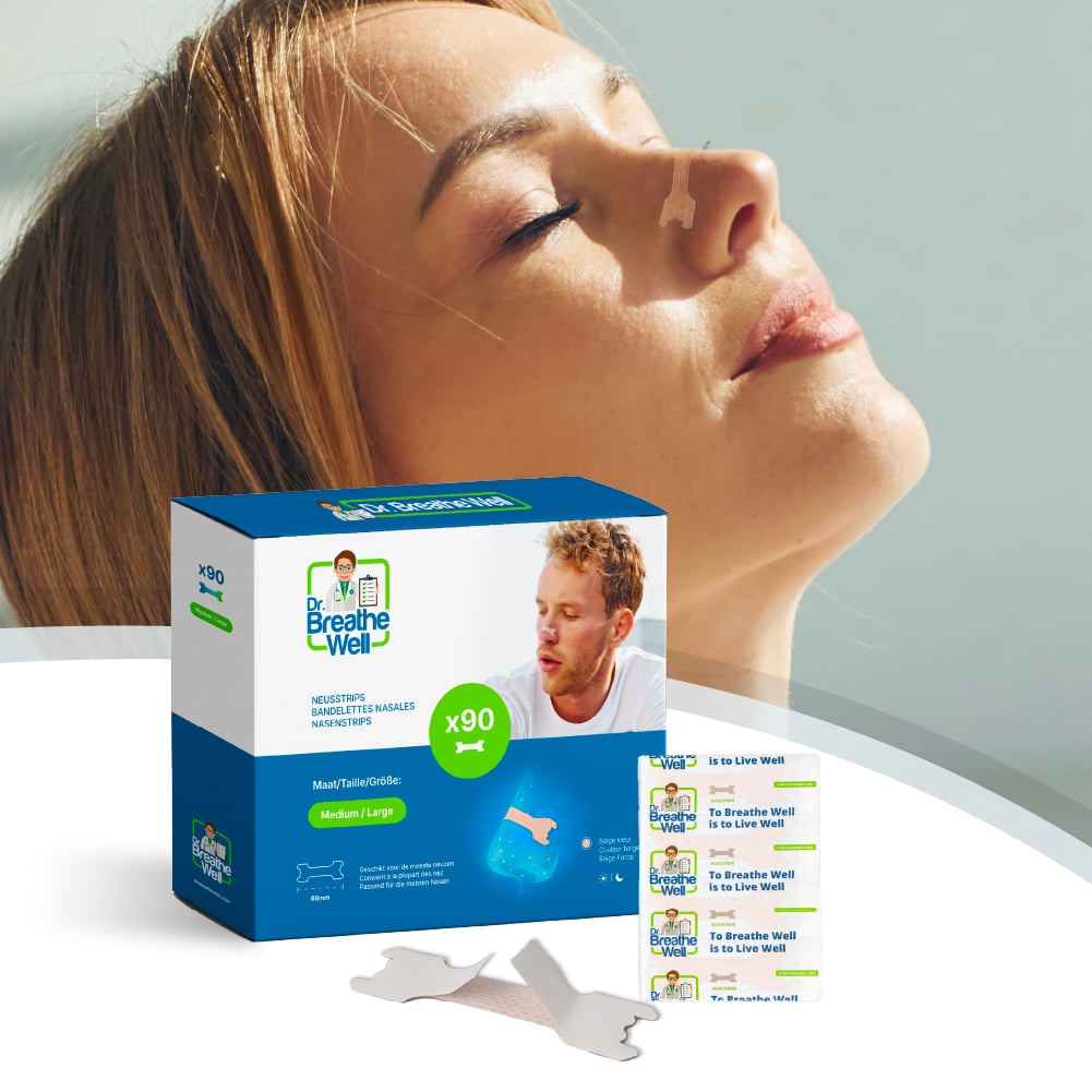 Dr. Breathe Well - vrouw met neuspleister verpakking op voorgrond