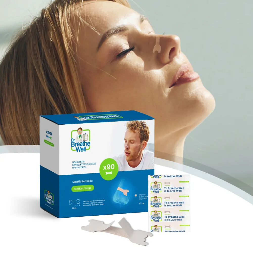 Dr. Breathe Well - vrouw met neuspleister verpakking op voorgrond