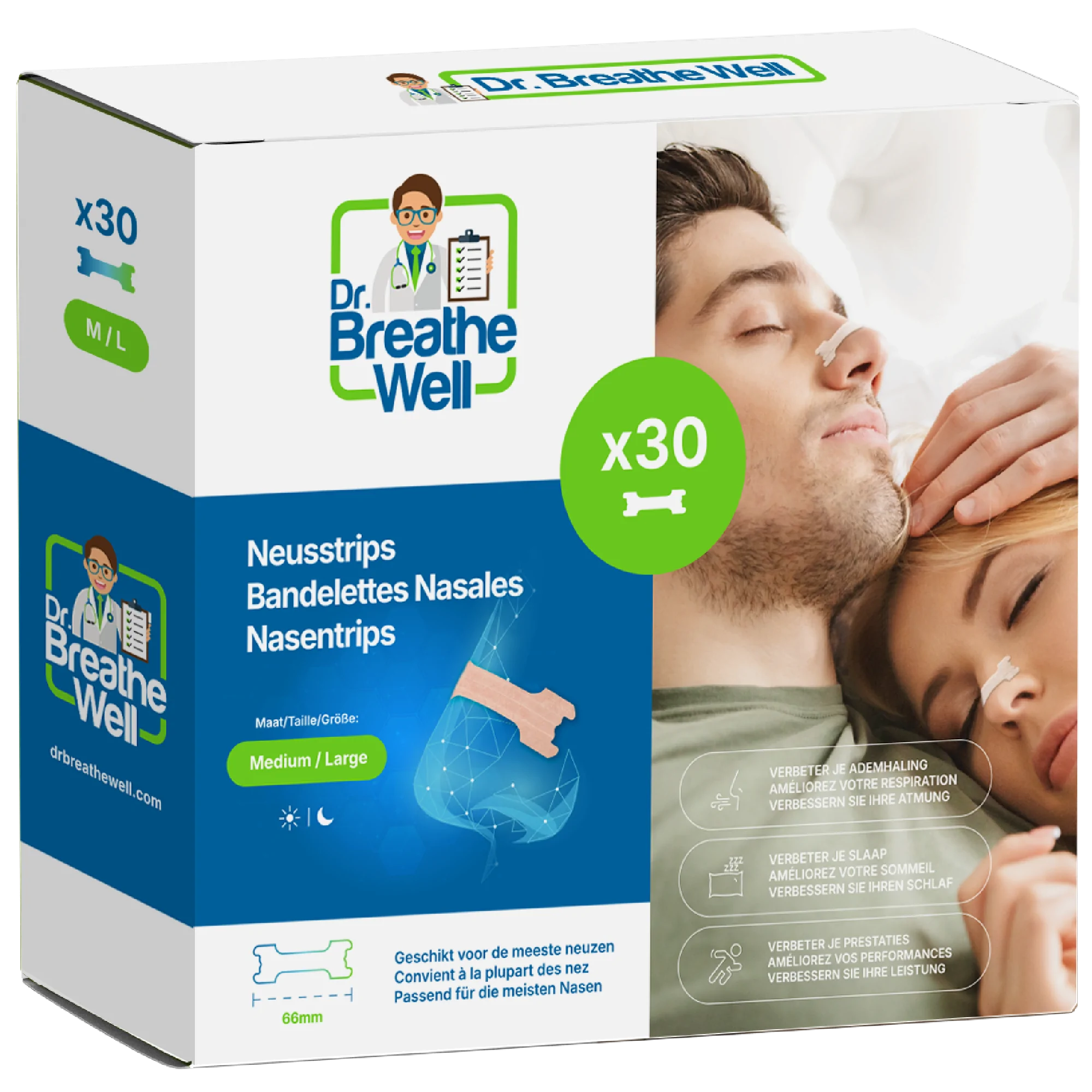 Dr. Breathe Well - 30 Neuspleisters - Maat 66mm medium/large - Anti Snurk Pleisters - 30 Neusstrips - Sterke kleefstof - Eenvoudig te verwijderen